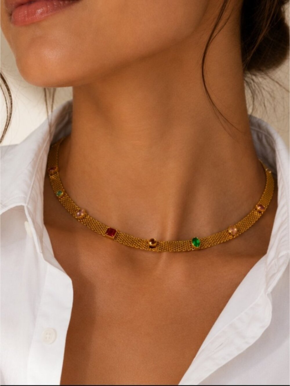 New! 18K Gold Plated Gemstone Collar Necklace NWOT 3025